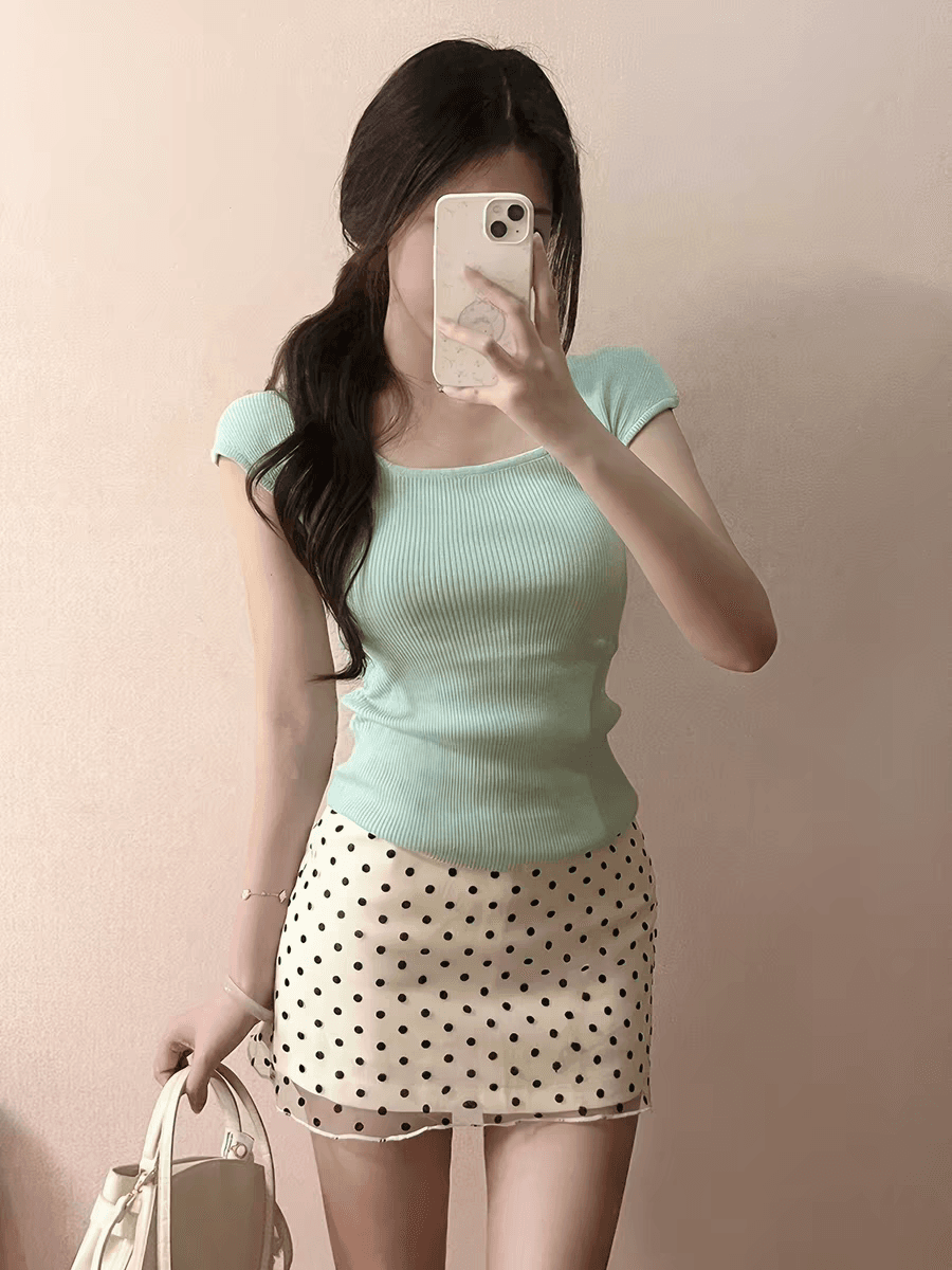 milyroom 여름 한 부서 분위기 센스 숙녀 부드러운 달콤함 품격 맨위 여성용 짧은 소매 도트 무늬 치마 세트 상세 이미지 10
