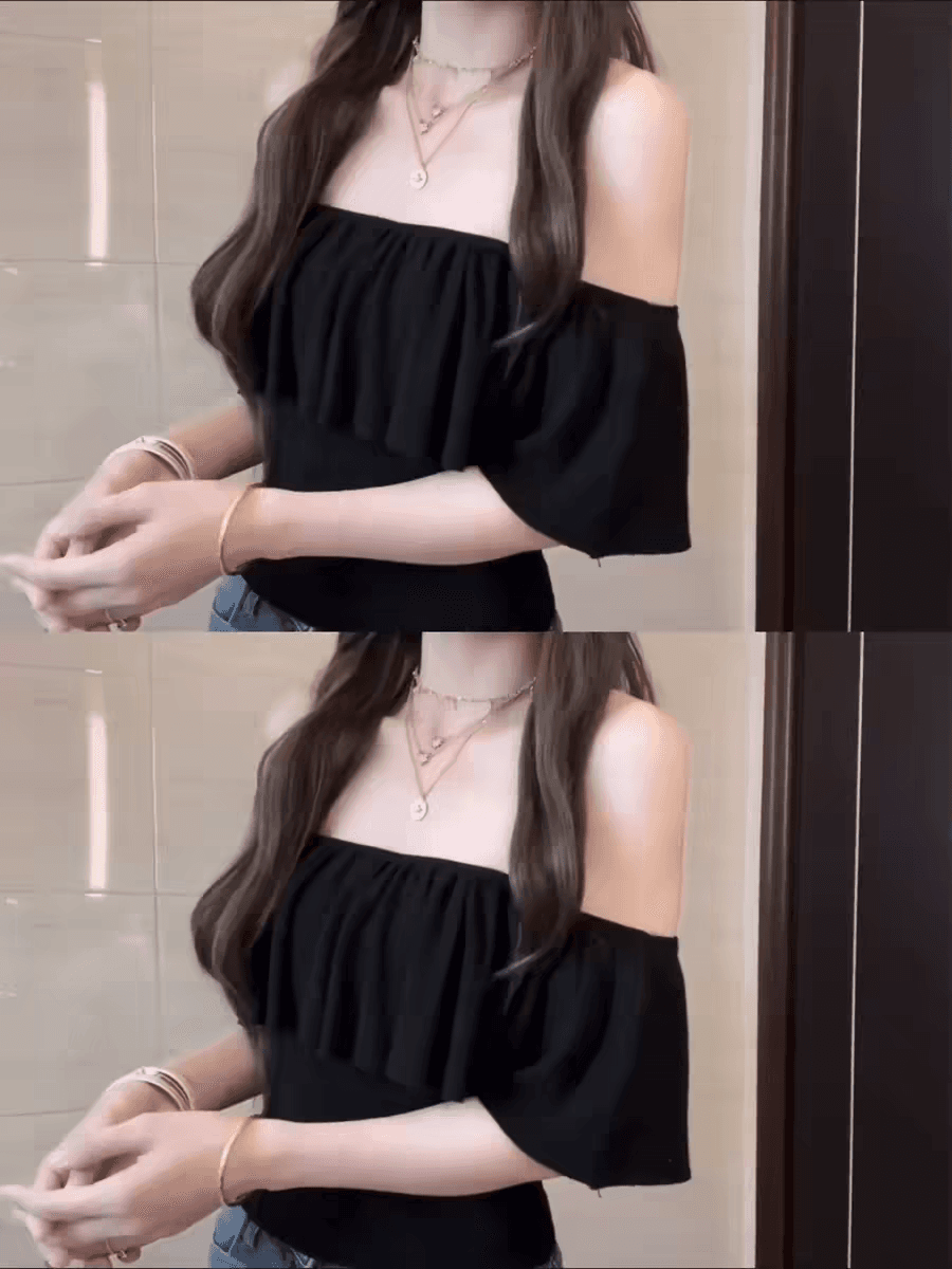 프랑스식 명문 여성 바람 디자인 센스 오프숄더 맨위 프릴 오프숄더 니트 반팔 여성 디자인 센스 튜브탑 티셔츠 상세 이미지 2