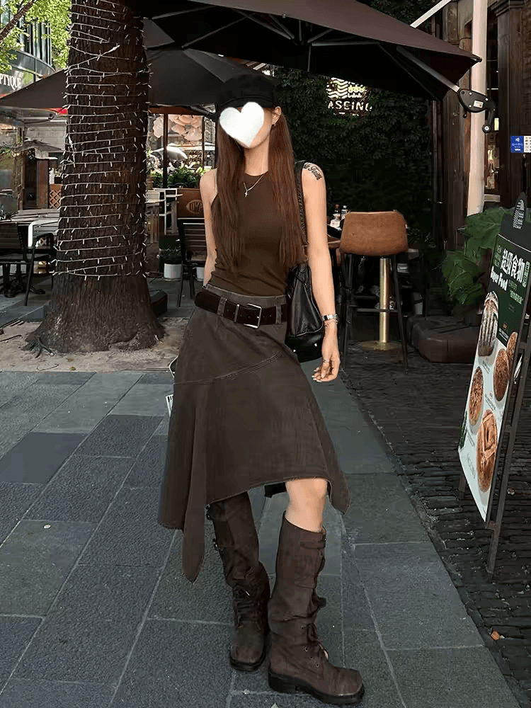 경기 벨트 불규칙 데님 반신 스커트 여성 여름 중간 길이 레트로 디자인 센스 작은 대중 검정색 하이웨이스트 A라인 스커트