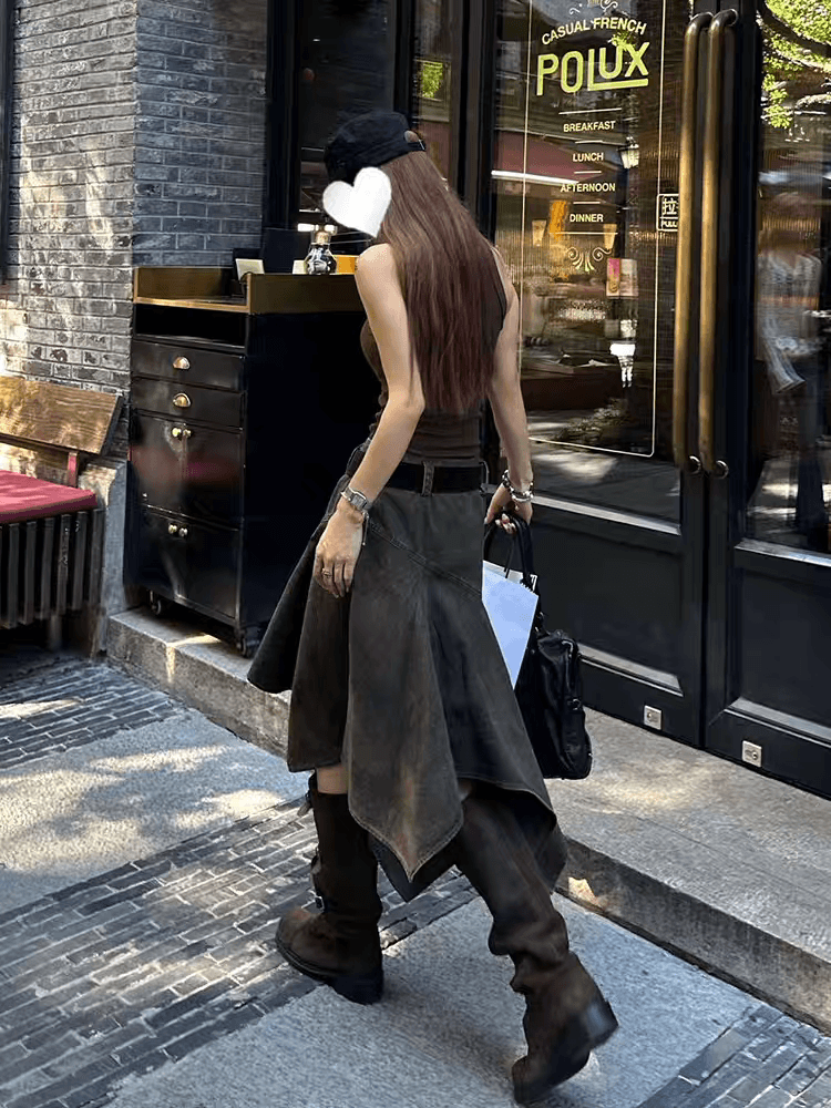 경기 벨트 불규칙 데님 반신 스커트 여성 여름 중간 길이 레트로 디자인 센스 작은 대중 검정색 하이웨이스트 A라인 스커트 이미지 3