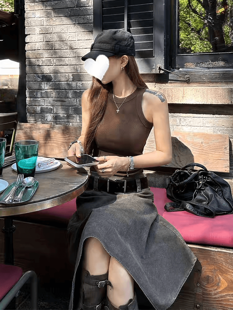 경기 벨트 불규칙 데님 반신 스커트 여성 여름 중간 길이 레트로 디자인 센스 작은 대중 검정색 하이웨이스트 A라인 스커트 이미지 4