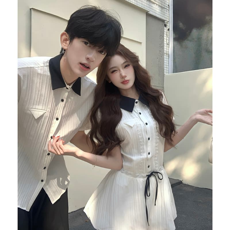 실사 커플룩 화이트 셔츠 드레스 작은 키 학원 스타일 세트 짧은 치마 301 이미지 3