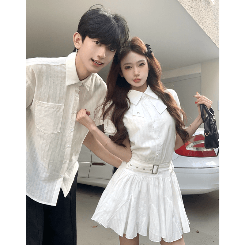 실사 커플룩 소금 부서 화이트 드레스 프랑스식 품격 슬림해 보이는 학원 스타일 드레스 남자 셔츠 303 이미지 3