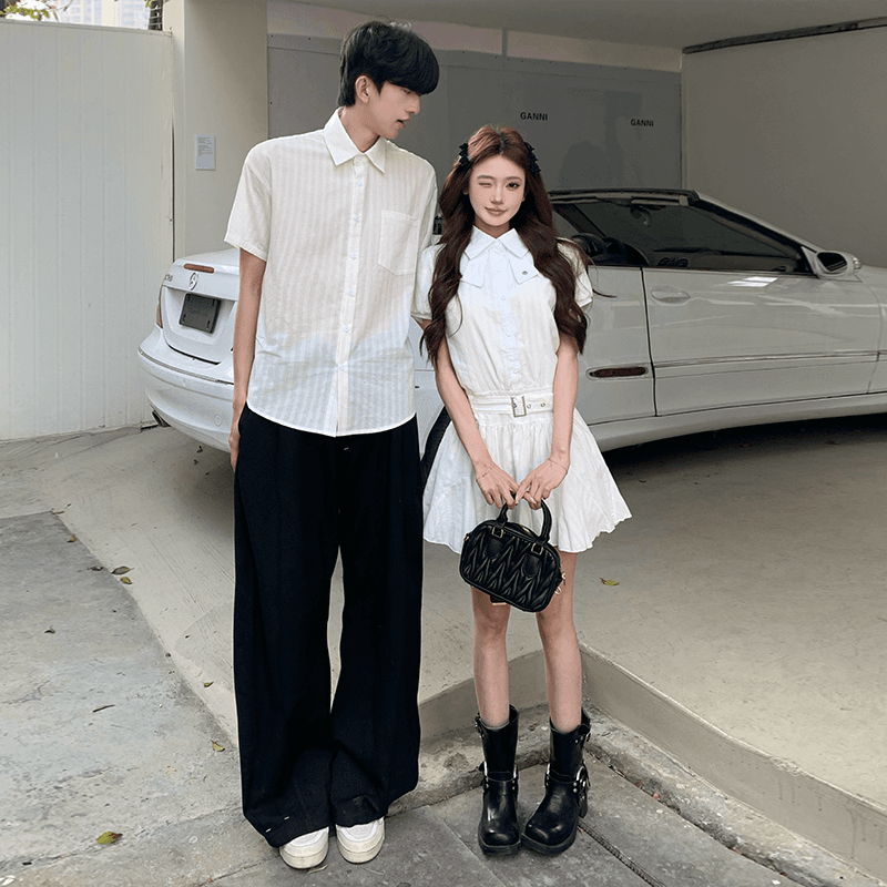 실사 커플룩 소금 부서 화이트 드레스 프랑스식 품격 슬림해 보이는 학원 스타일 드레스 남자 셔츠 303 이미지 4