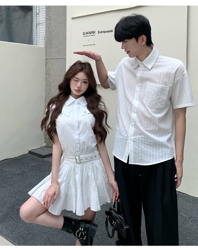 실사 커플룩 소금 부서 화이트 드레스 프랑스식 품격 슬림해 보이는 학원 스타일 드레스 남자 셔츠 303 상세 이미지 3