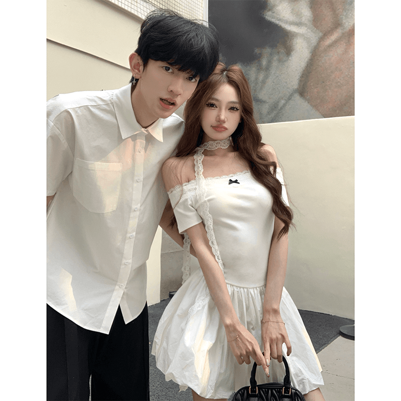 실사 커플룩 오프숄더 레이스 레이스 드레스 허리 수축 슬림해 보이는 A라인 스커트 305