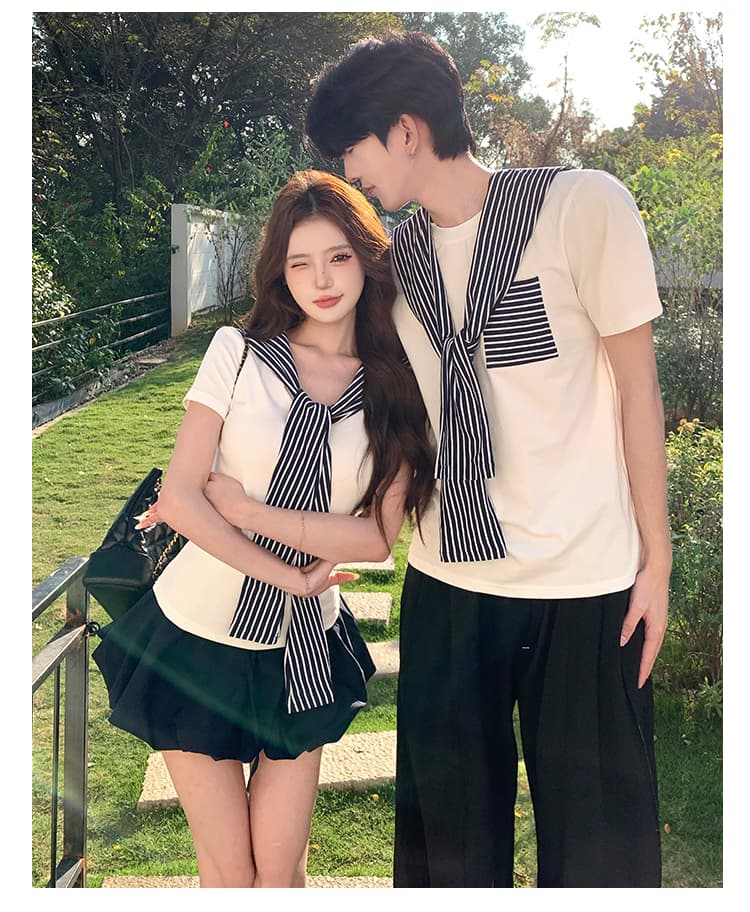 실사 커플룩 화이트 반팔 티셔츠 V넥 몸매 가꾸기 슬림해 보이는 쇼트 스타일 해군 칼라 세트 퍼프 스커트 308# 상세 이미지 4