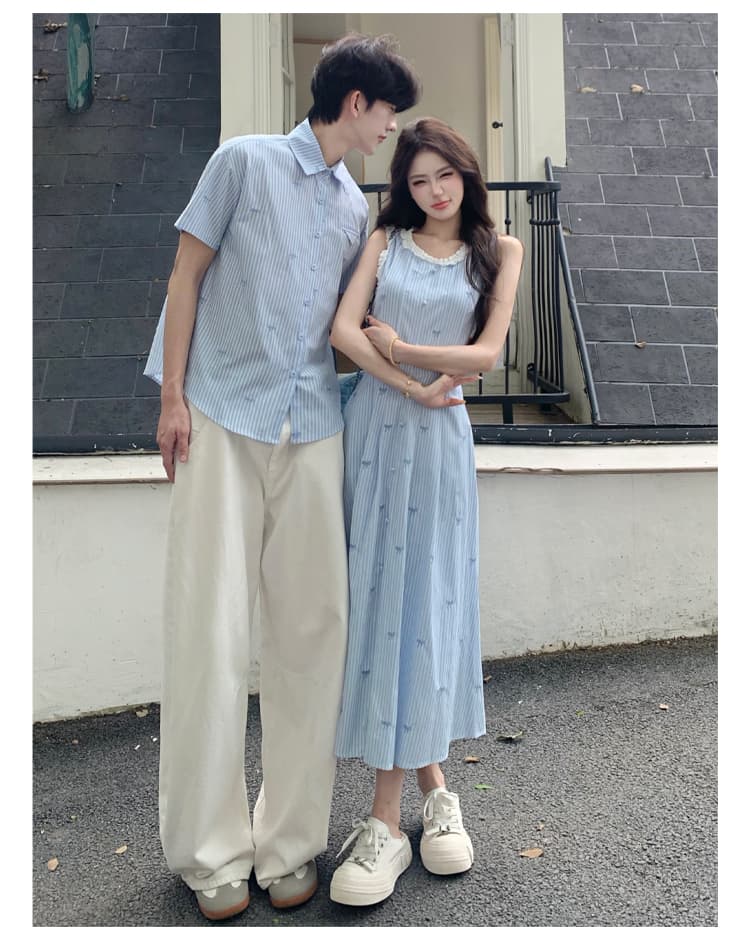 실사 커플룩 휴가 바람 한 부서 파란색 스트라이프 자수 나비 매듭 민소매 여름 허리 수축 조끼 원피스 상세 이미지 2