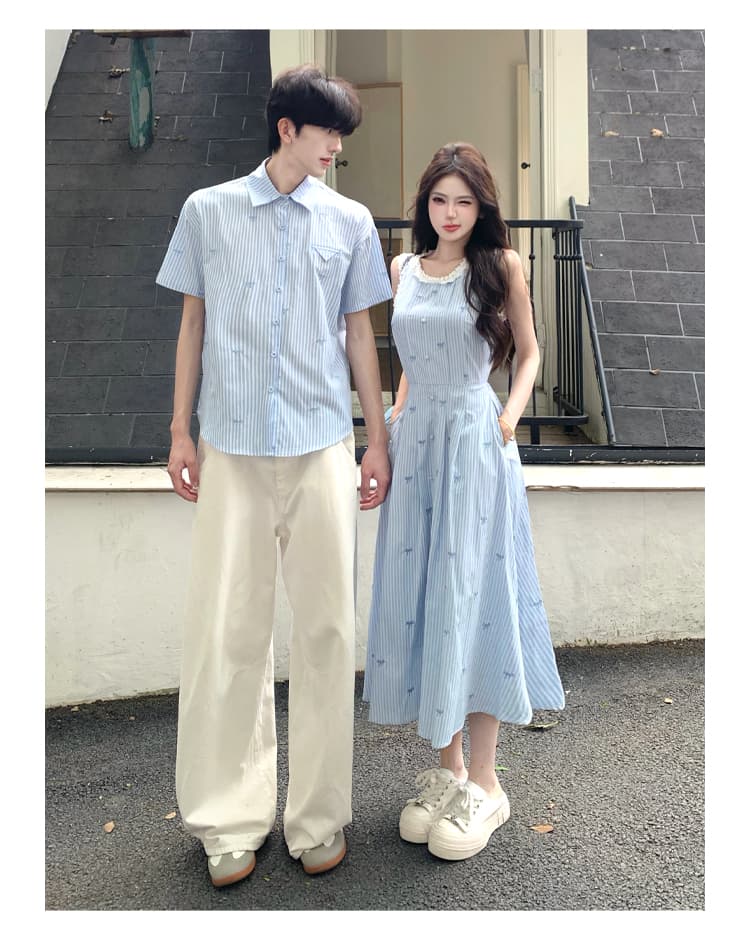 실사 커플룩 휴가 바람 한 부서 파란색 스트라이프 자수 나비 매듭 민소매 여름 허리 수축 조끼 원피스 상세 이미지 3