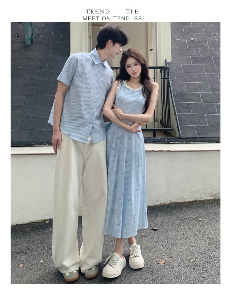 실사 커플룩 휴가 바람 한 부서 파란색 스트라이프 자수 나비 매듭 민소매 여름 허리 수축 조끼 원피스 상세 이미지 7