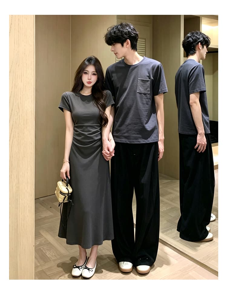 실사 커플룩 프랑스식 회색 반팔 드레스 펌프 로프 허리 수축 슬림해 보이는 품격 롱 스커트 남자 티셔츠 336# 이미지 3