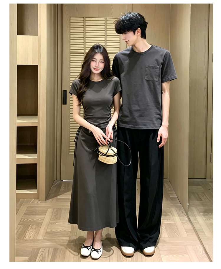 실사 커플룩 프랑스식 회색 반팔 드레스 펌프 로프 허리 수축 슬림해 보이는 품격 롱 스커트 남자 티셔츠 336# 이미지 4