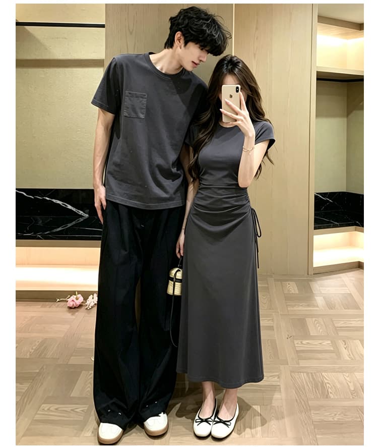 실사 커플룩 프랑스식 회색 반팔 드레스 펌프 로프 허리 수축 슬림해 보이는 품격 롱 스커트 남자 티셔츠 336# 상세 이미지 5