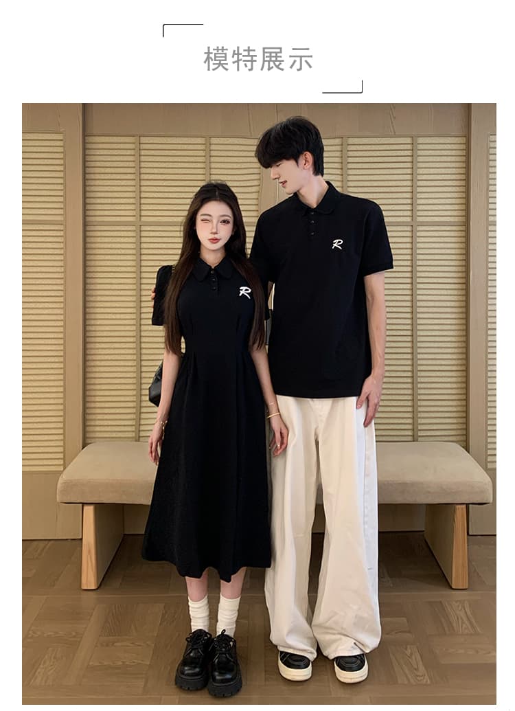 실사 커플룩 여름 POLO 칼라 프랑스식 드레스 하나 치마 하나 의류 빛 요리 한 고급 센스 반팔 티셔츠 상세 이미지 1