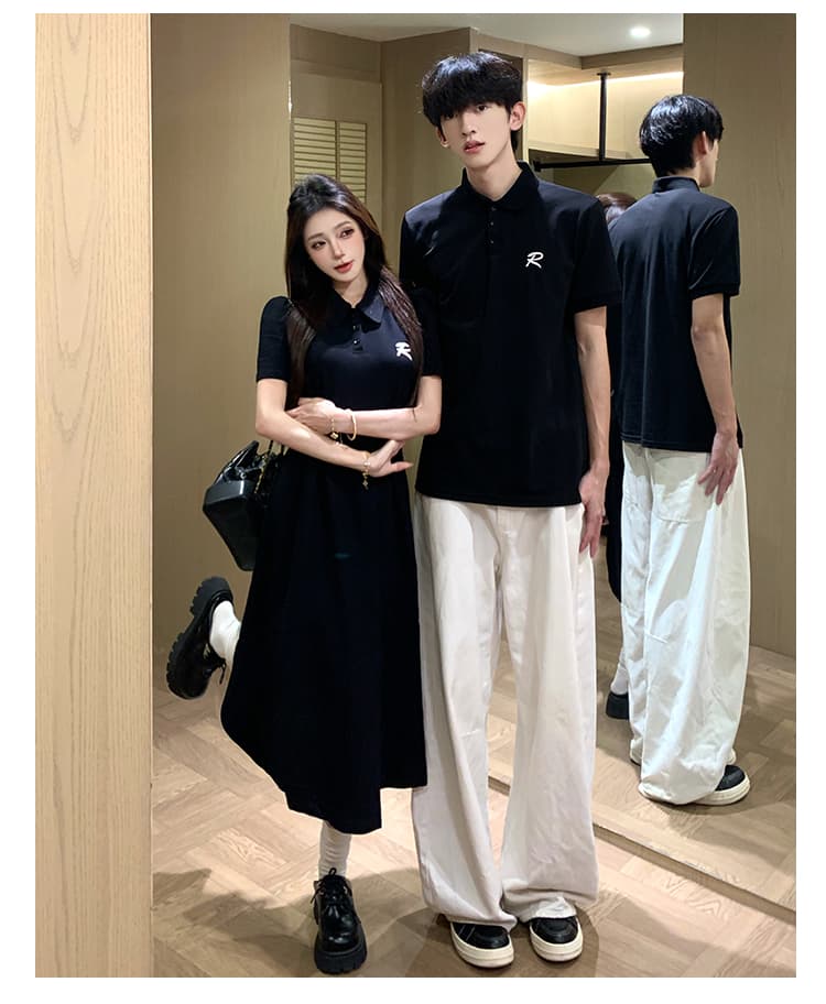 실사 커플룩 여름 POLO 칼라 프랑스식 드레스 하나 치마 하나 의류 빛 요리 한 고급 센스 반팔 티셔츠 상세 이미지 4