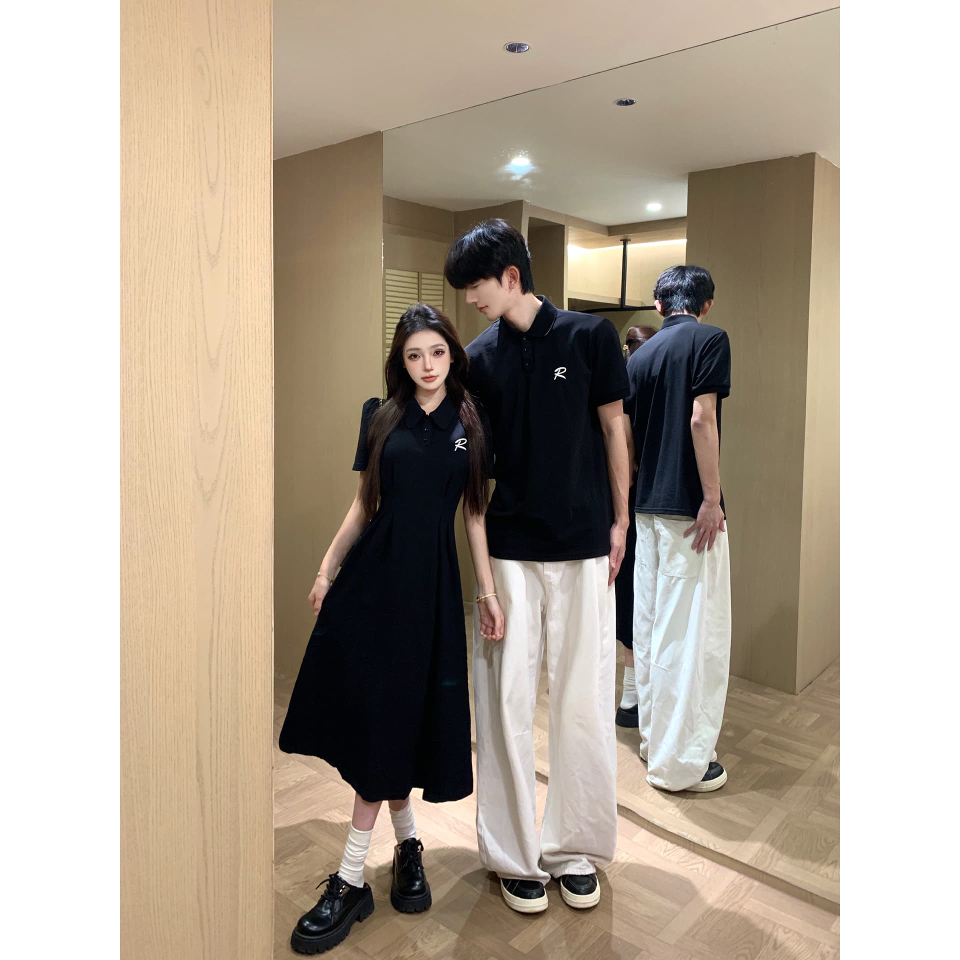 실사 커플룩 여름 POLO 칼라 프랑스식 드레스 하나 치마 하나 의류 빛 요리 한 고급 센스 반팔 티셔츠 이미지 5