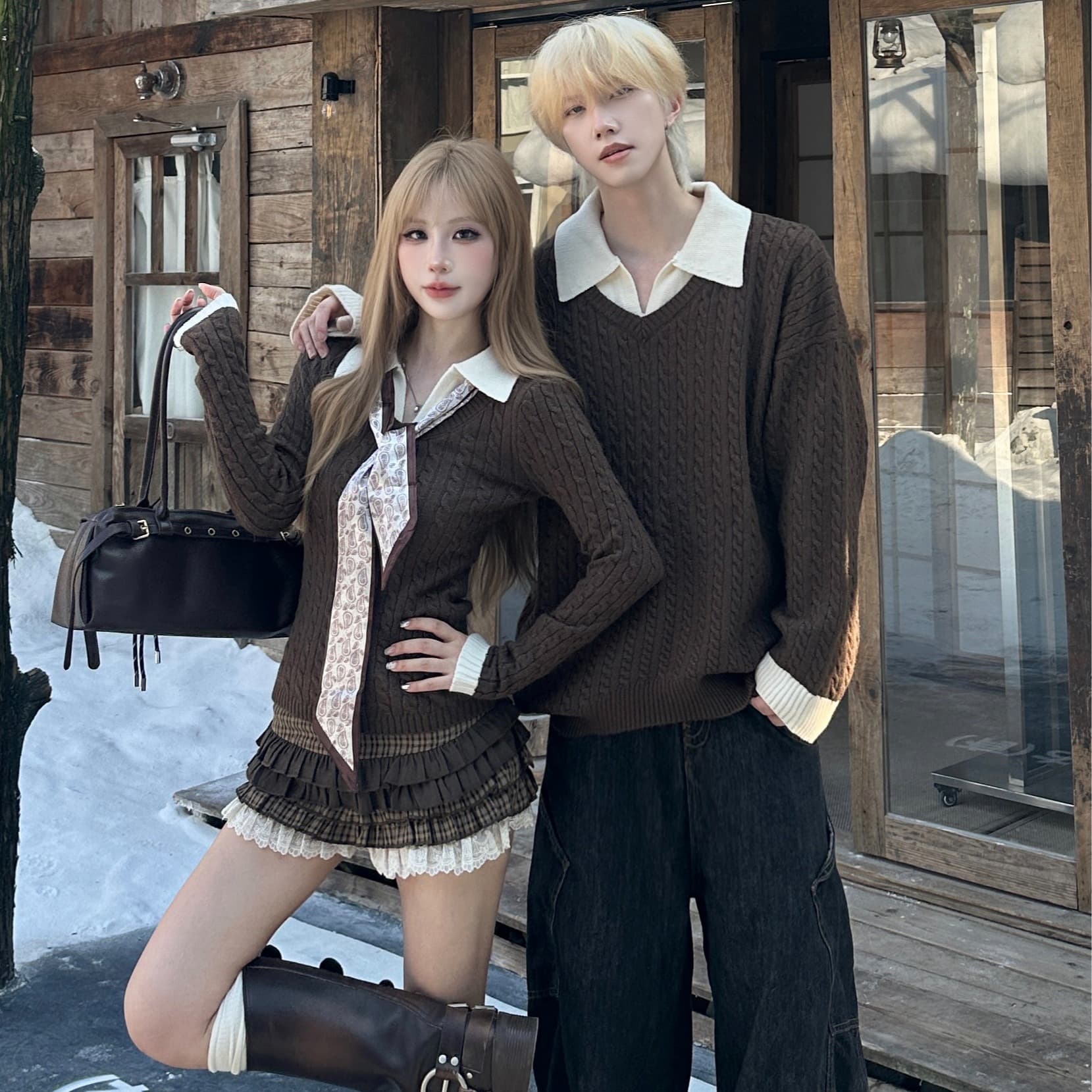 실사 커플룩 POLO 칼라 페이크 레이어드 니트 스웨터 여성 스웨터 가을 인사이드 가져 가라. 몸매 가꾸기 쇼트 스타일 긴팔 스웨터 이미지 5