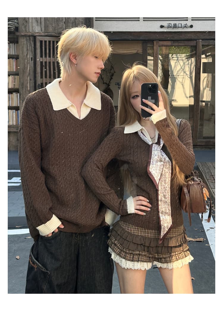 실사 커플룩 POLO 칼라 페이크 레이어드 니트 스웨터 여성 스웨터 가을 인사이드 가져 가라. 몸매 가꾸기 쇼트 스타일 긴팔 스웨터 상세 이미지 3