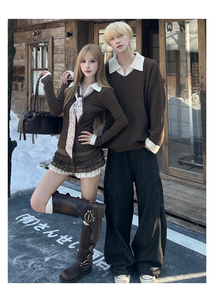 실사 커플룩 POLO 칼라 페이크 레이어드 니트 스웨터 여성 스웨터 가을 인사이드 가져 가라. 몸매 가꾸기 쇼트 스타일 긴팔 스웨터 상세 이미지 4