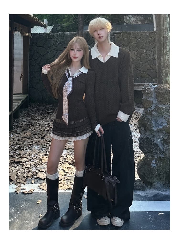 실사 커플룩 POLO 칼라 페이크 레이어드 니트 스웨터 여성 스웨터 가을 인사이드 가져 가라. 몸매 가꾸기 쇼트 스타일 긴팔 스웨터 상세 이미지 5