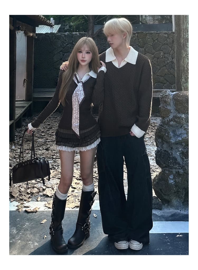 실사 커플룩 POLO 칼라 페이크 레이어드 니트 스웨터 여성 스웨터 가을 인사이드 가져 가라. 몸매 가꾸기 쇼트 스타일 긴팔 스웨터 상세 이미지 6