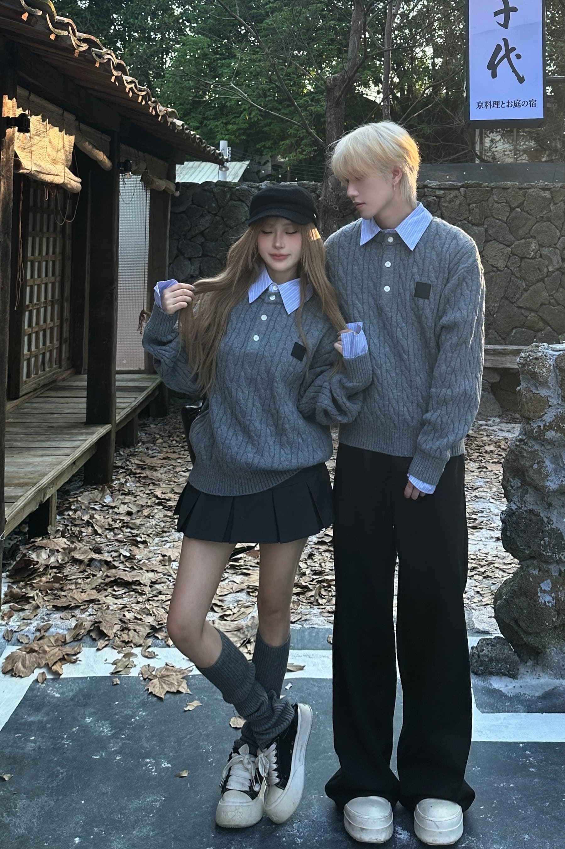 실사 커플룩 풀오버 페이크 레이어드 셔츠 지도자 헨리 셔츠 캐주얼 칼라 스웨터 미니멀리즘 남녀 니트 스웨터 이미지 6