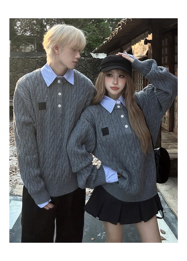 실사 커플룩 풀오버 페이크 레이어드 셔츠 지도자 헨리 셔츠 캐주얼 칼라 스웨터 미니멀리즘 남녀 니트 스웨터 상세 이미지 3