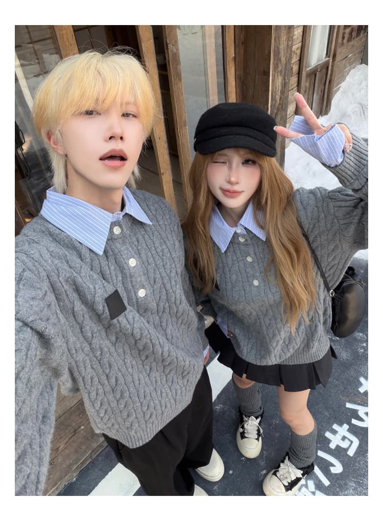 실사 커플룩 풀오버 페이크 레이어드 셔츠 지도자 헨리 셔츠 캐주얼 칼라 스웨터 미니멀리즘 남녀 니트 스웨터 상세 이미지 5