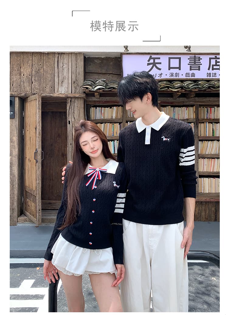 실사 커플룩 한 부서 학원 스타일 POLO 칼라 니트 스웨터 작은 대중 디자인 나비 매듭 강아지 자수 스웨터 상세 이미지 1