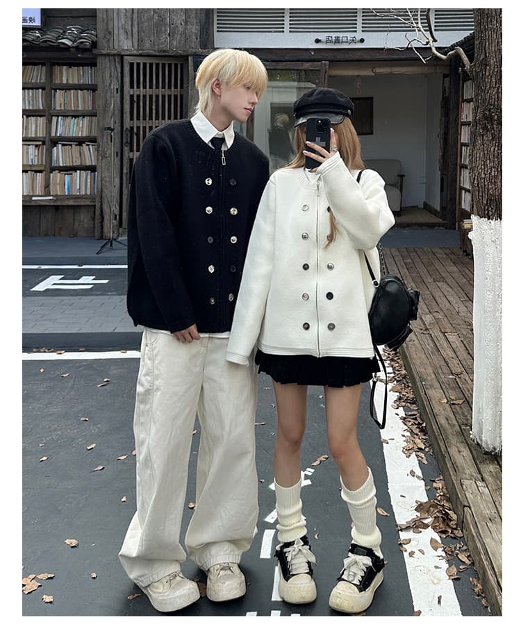 실사 커플룩 높은 품질 작은 대중 디자인 루즈핏 니트 오픈 가디건 단추 단색 라운드 넥 스웨터 코트 상세 이미지 4