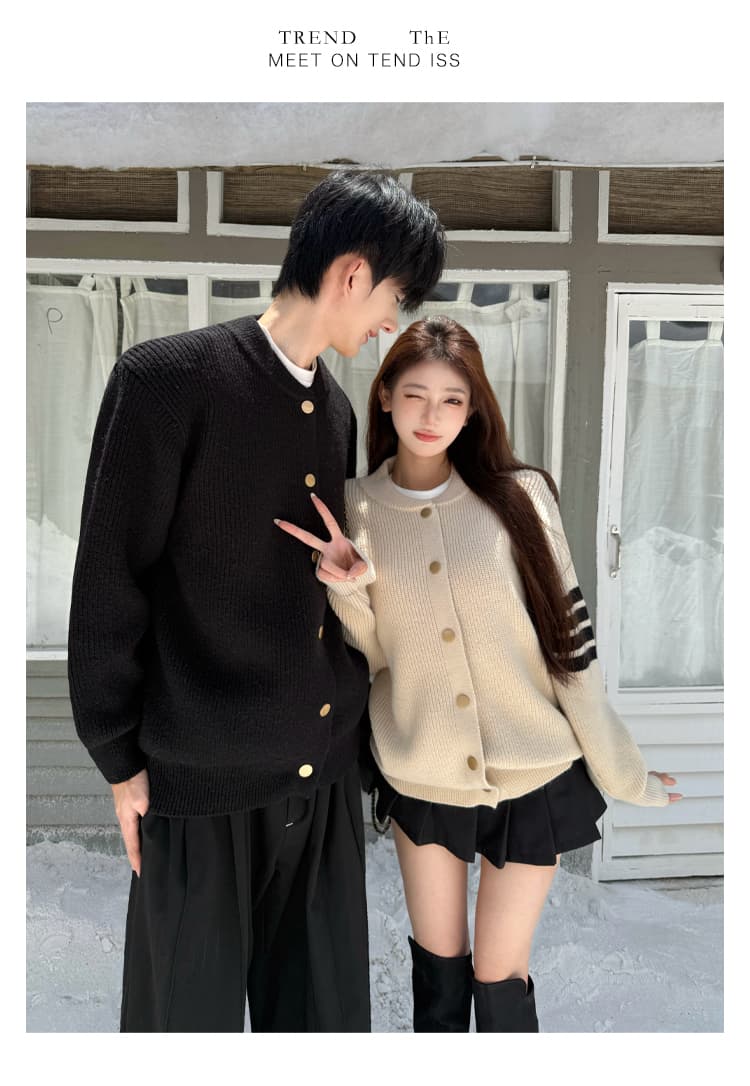 실사 커플룩 가을 겨울 한 부서 미니멀리즘 느긋한 바람 스트라이프 니트 오픈 가디건 스웨터 코트 캐주얼 다용도 재킷 상세 이미지 5