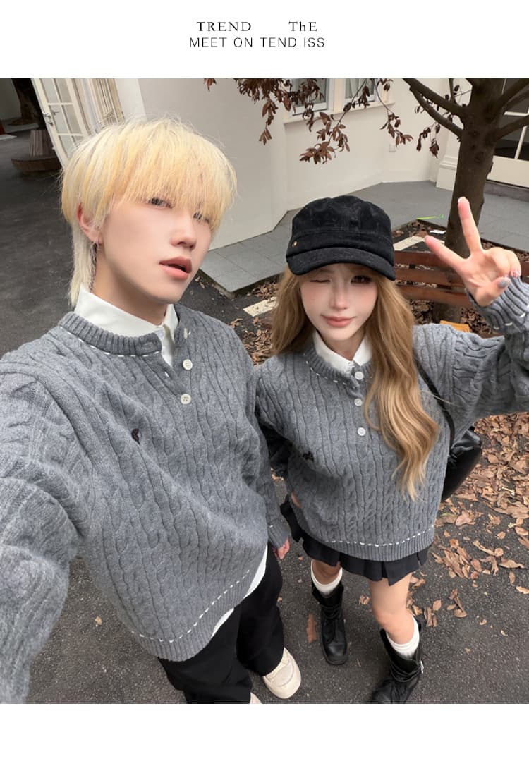실사 커플룩 꽈배기 헨리 칼라 스웨터 루즈핏 커플 풀오버 학원 스타일 긴팔 니트 스웨터 8815# 상세 이미지 7