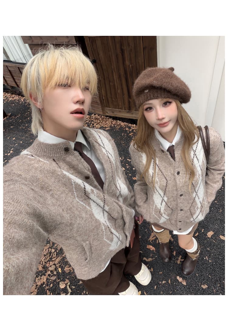 실사 커플룩 양모 혼방 니트 오픈 가디건 분위기 센스 오래된 돈 바람 오픈 가디건 링 체크무늬 스웨터 8813# 상세 이미지 4