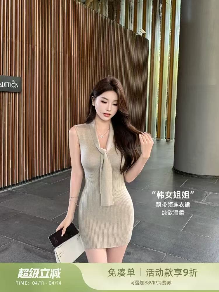 린 닫기 한 부서 레이스업 민소매 니트 드레스 여름 순수한 욕망 바람 몸매 가꾸기 타이트 스커트 미니 스커트 핫걸 조끼 스커트 상세 이미지 1
