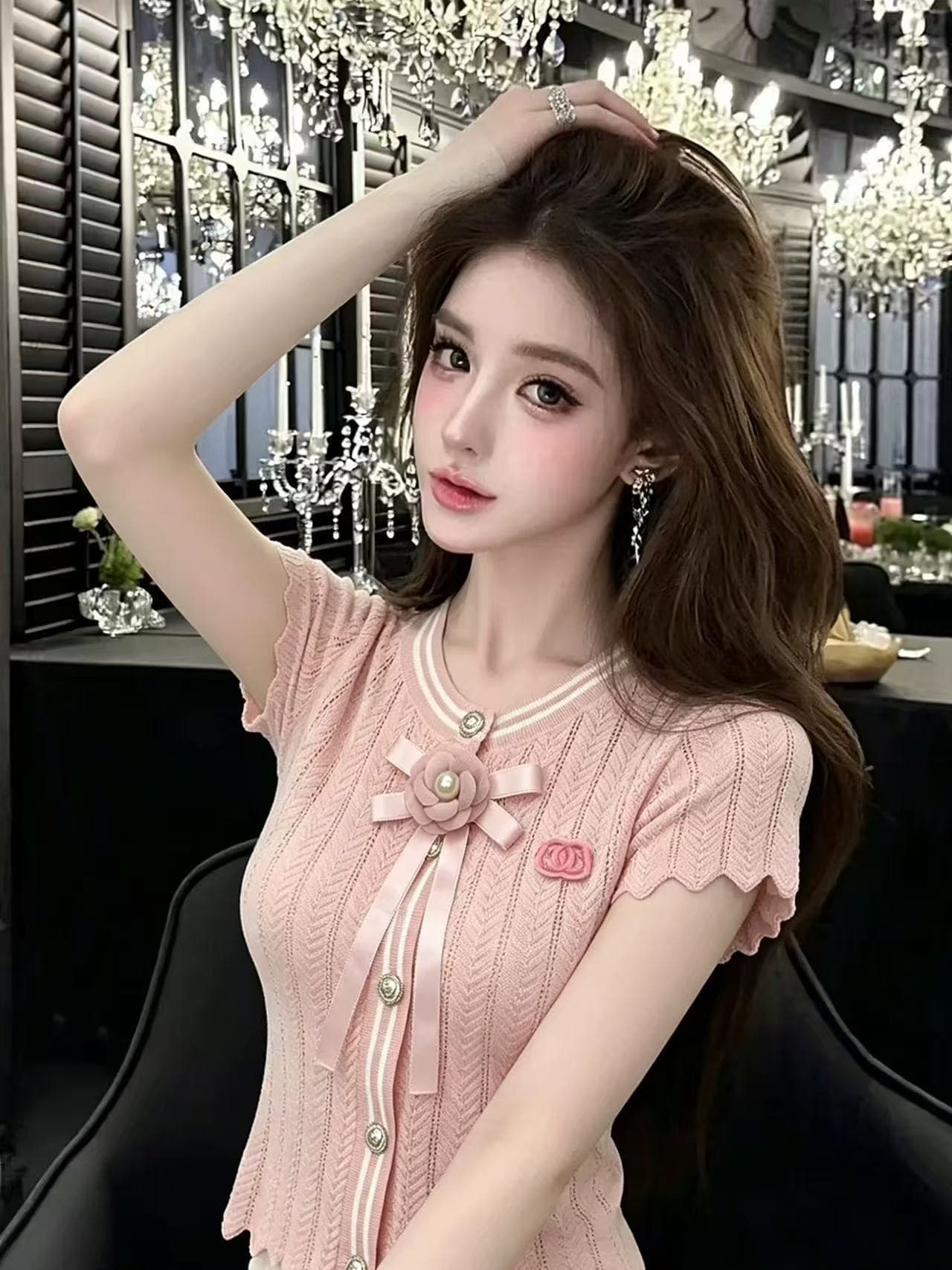 lym studio 검정색 반팔 티셔츠 여성 나비 매듭 진주 장식 몸매 가꾸기 슬림해 보이는 품격 맨위 트렌디 상세 이미지 1