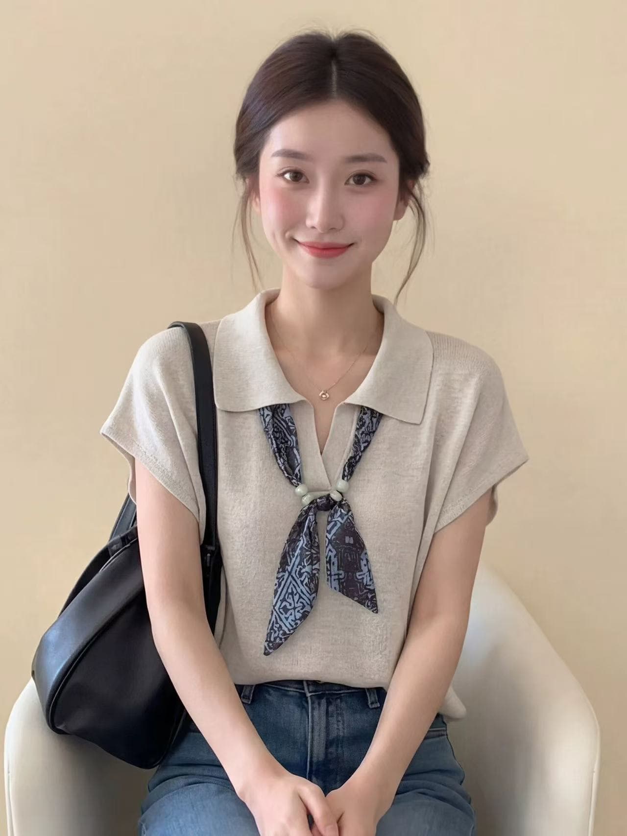 오래된 돈 바람 주간 실크 아마 POLO 칼라 패션 얇은 스타일 니트 반팔 여름 새로운 루즈핏 쇼트 스타일 맨위 티셔츠