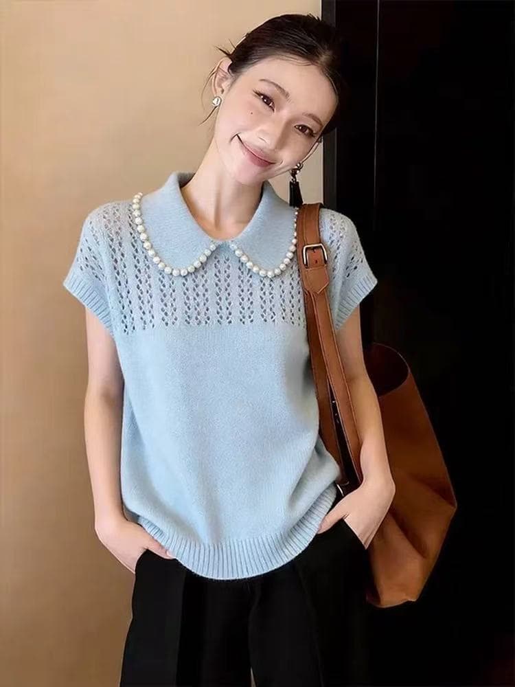 광저우 열세 개 높음 물품 프랑스식 부드러운 바람 진주 베이비 칼라 홀로우 아웃 니트 반팔 여성 패션 품격 맨위 상세 이미지 2