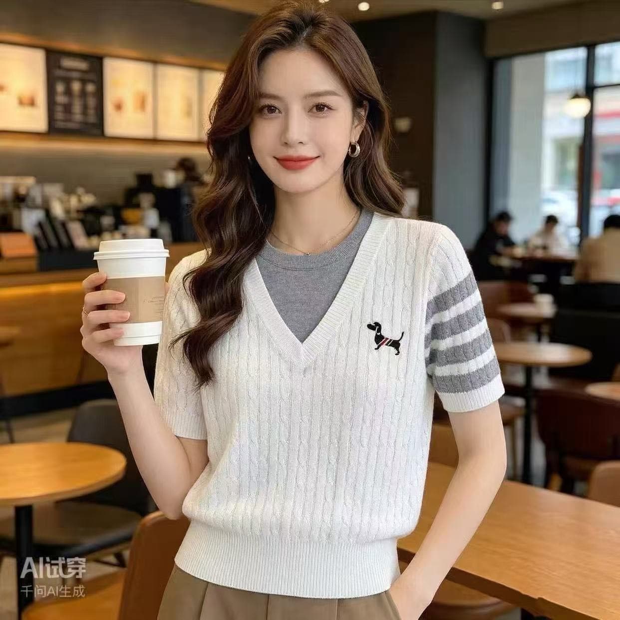 여름 새로운 라운드 넥 페이크 레이어드 가슴 강아지 자수 꽈배기 반팔 니트 맨위 몸매 가꾸기 슬림해 보이는 이미지 2
