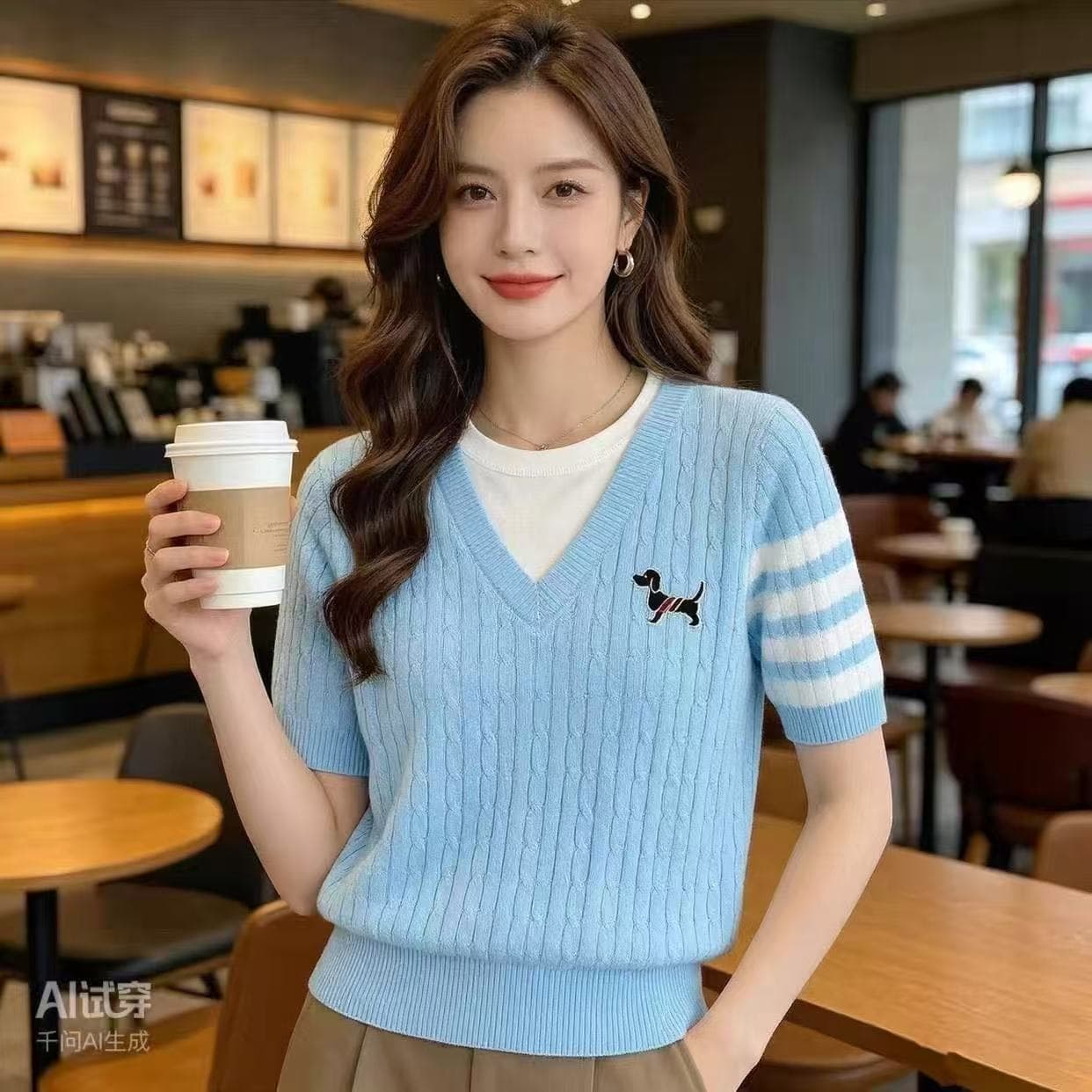 여름 새로운 라운드 넥 페이크 레이어드 가슴 강아지 자수 꽈배기 반팔 니트 맨위 몸매 가꾸기 슬림해 보이는 상세 이미지 4
