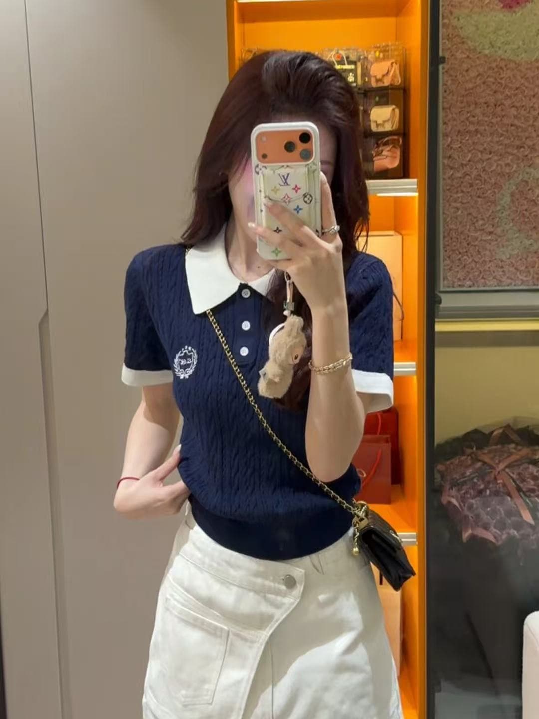 한 부서 배색 POLO 칼라 자수 꽈배기 반팔 니트 스웨터 여성 여름 새로운 고급 센스 연령 감소 아름다운 맨위 이미지 2