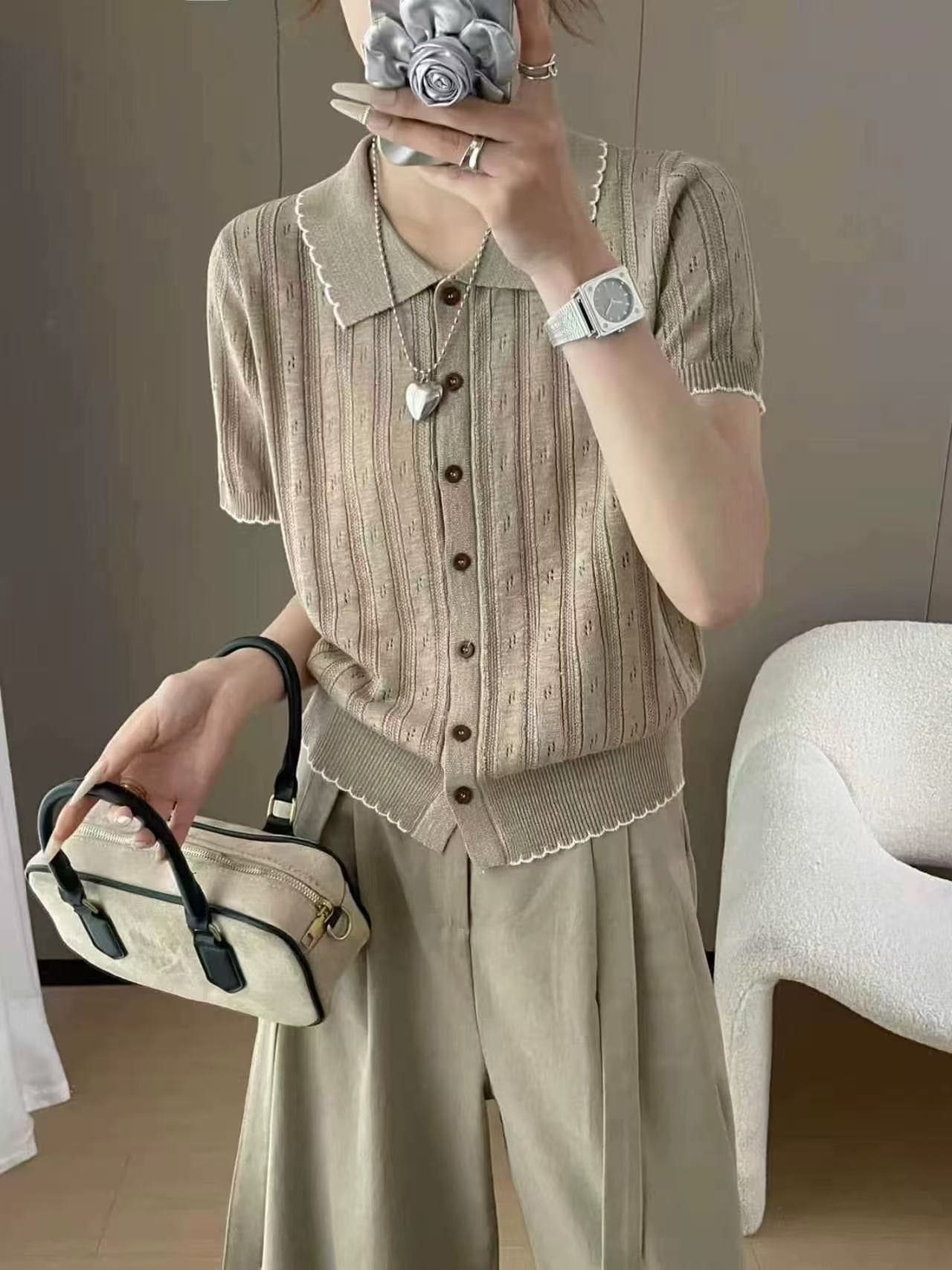 대나무 마디 마 홀로우 아웃 폴로 칼라 반팔 티셔츠 여성 루즈핏 2026 여름 드레스 새로운 한 부서 다용도 니트 오픈 가디건 맨위 상세 이미지 2