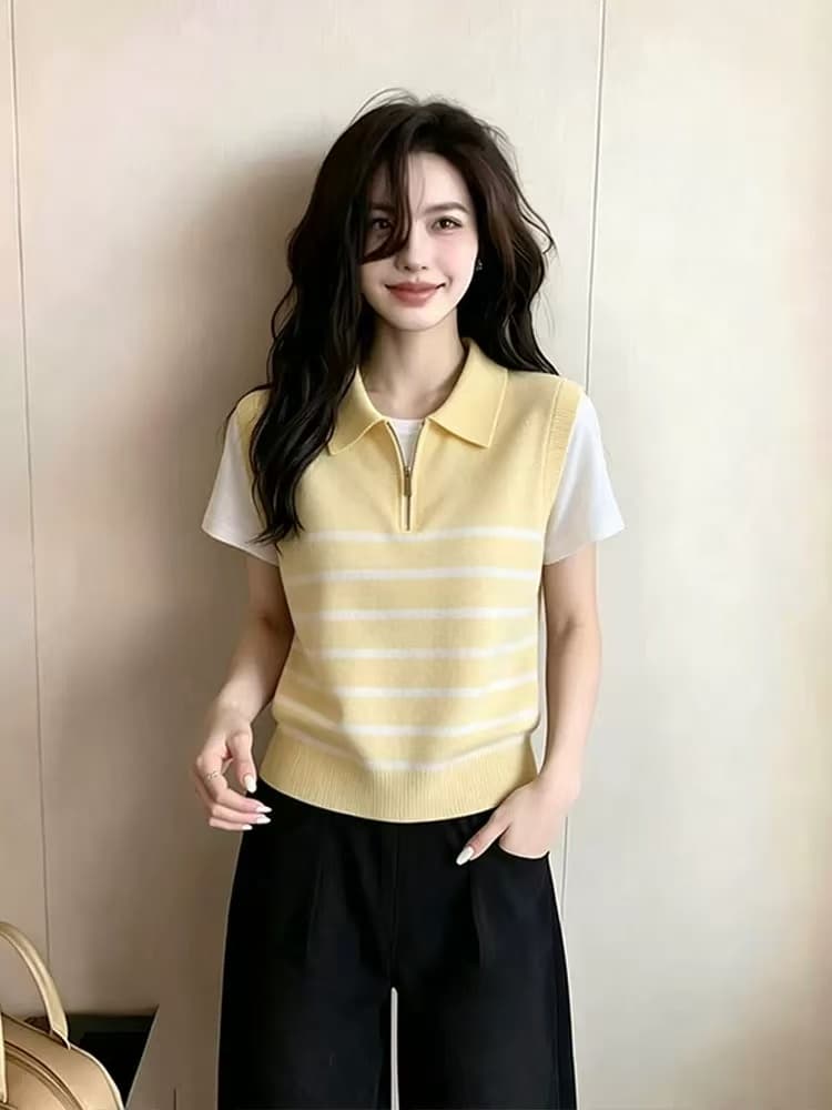 황색 하프 지퍼 POLO 칼라 스트라이프 니트 스웨터 여성 2026 여름 새로운 작은 키 페이크 레이어드 반팔 맨위 상세 이미지 1