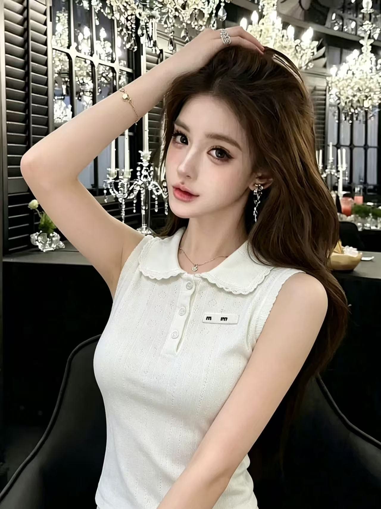 lym studio 프랑스식 부드러운 바람 화이트 폴로 칼라 조끼 여성 레이스 몸매 가꾸기 슬림해 보이는 다용도 맨위
