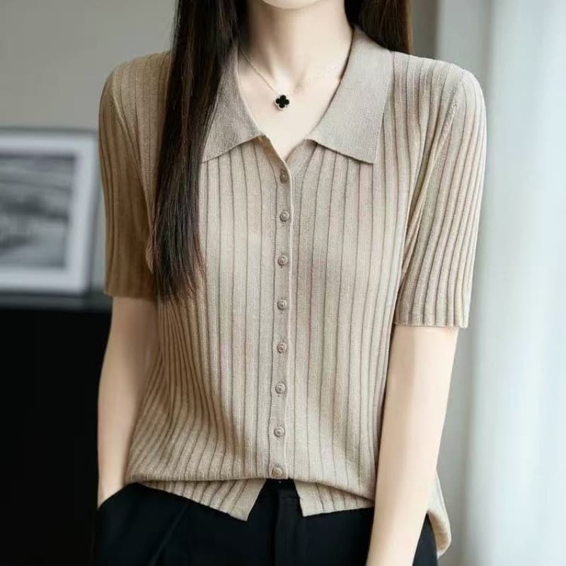 프랑스식 POLO 칼라 반팔 티셔츠 여성 얼음 마 니트 반소매 오픈 가디건 맨위 2026 새로운 얇고 가벼운 폴로 칼라 티셔츠 이미지 5