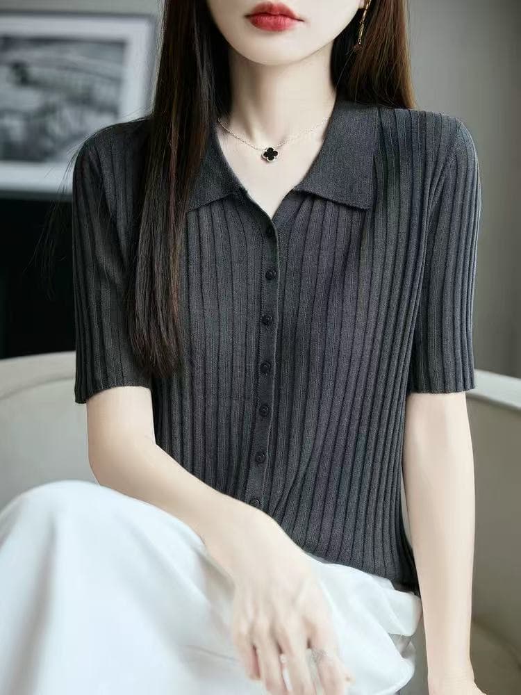 프랑스식 POLO 칼라 반팔 티셔츠 여성 얼음 마 니트 반소매 오픈 가디건 맨위 2026 새로운 얇고 가벼운 폴로 칼라 티셔츠 상세 이미지 4