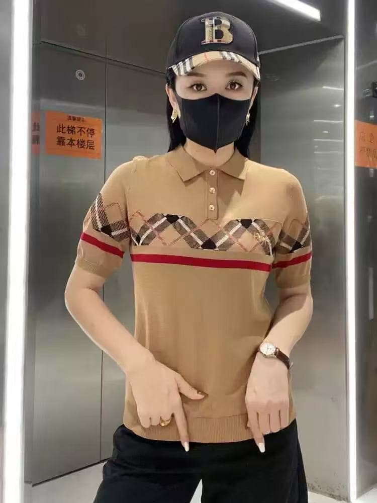 새로운 여름 캐주얼 다용도 몸매 가꾸기 슬림해 보이는 맨위 미니멀리즘 반팔 얇은 스타일 여성 의류 스트라이프 polo 셔츠 칼라 니트 스웨터 상세 이미지 5