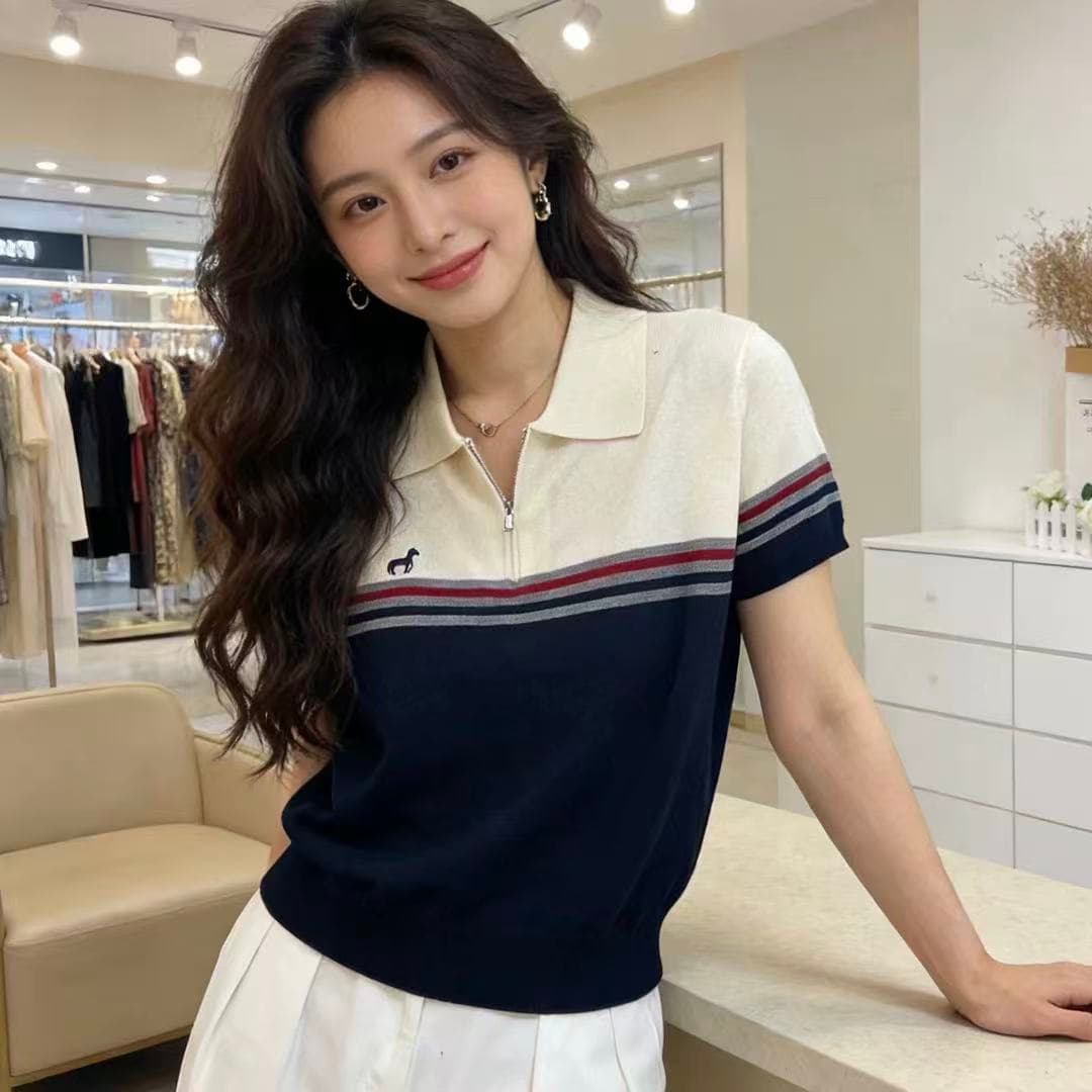 하프 지퍼 폴로 칼라 니트 스웨터 반팔 여성 2026 여름 루즈핏 다용도 슬림해 보이는 연령 감소 외국 가스 캐주얼 맨위 트렌디 이미지 2