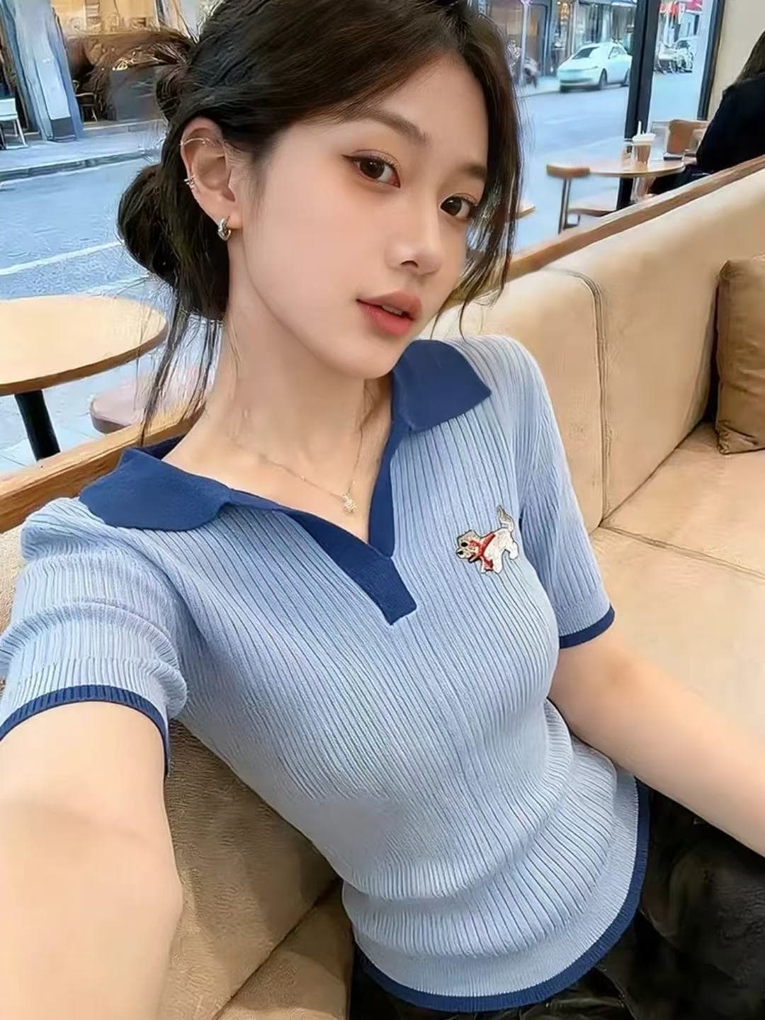한국 동대문 파란색 만화 자수 POLO 칼라 얼음 실크 니트 반팔 티셔츠 여름 외국 가스 연령 감소 맨위 상세 이미지 5