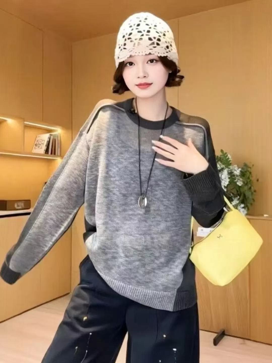 작은 대중 레트로 배색 라운드 넥 니트 스웨터 맨위 여성 2026 봄 빅 사이즈 지방 mm 풀오버 루즈핏 긴팔 맨위 이미지 3