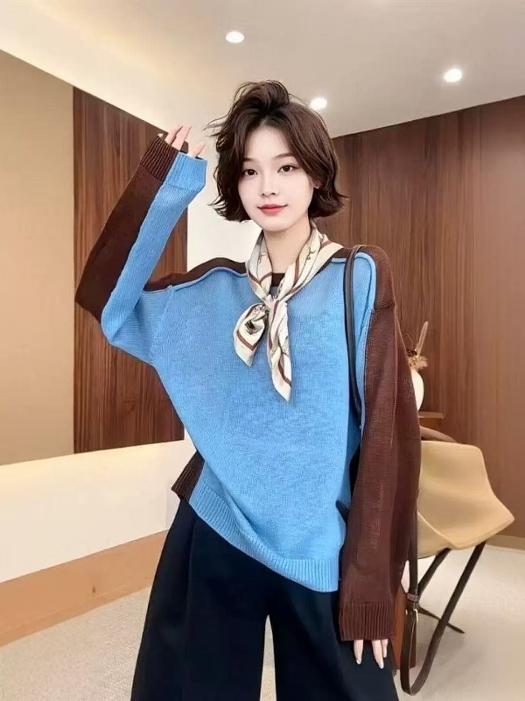 작은 대중 레트로 배색 라운드 넥 니트 스웨터 맨위 여성 2026 봄 빅 사이즈 지방 mm 풀오버 루즈핏 긴팔 맨위 상세 이미지 1